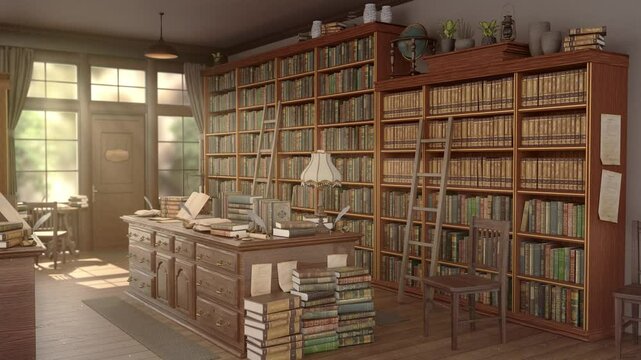 Vintage Library with Antique Books, loop animation, Animated Background,