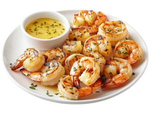 Grilled shrimp skewers served with garlic butter sauce, garnished with herbs, create delicious and appetizing dish perfect for seafood lovers