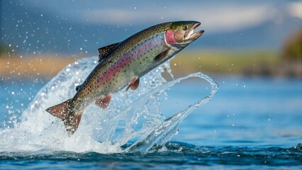 Obraz premium A rainbow trout making a high jump out of crystal-clear blue water, captured in mid-air splash with water droplets frozen in motion. Suitable for marketing or business purposes