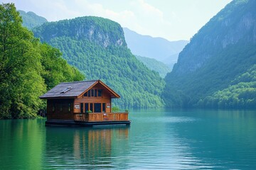 Fototapeta premium Wooden cabin floats on calm lake, nestled amidst lush green mountains. Perfect for travel, vacation, or peaceful nature imagery.