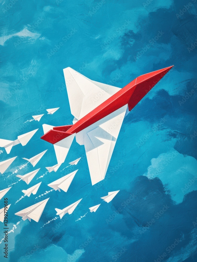 Poster red and white airplane leads a formation of paper planes in a clear blue sky. generative ai