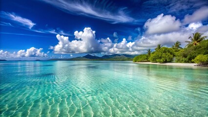 Serene Tropical Beach with Clear Water and Lush Greenery