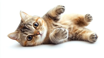 A playful Scottish Fold cat lying on its back with its paws up in the air, looking adorably surprised on a white backdrop. 