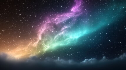 Colorful aurora lights dance across the night sky, blending with stars and casting a magical glow above the clouds.