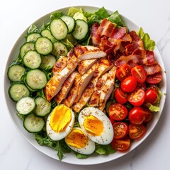 A healthy Cobb salad with chicken, avocado, eggs, bacon, cherry tomatoes, cucumbers, and mixed greens on a white plate.