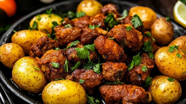 Kyrgyz kuurdak dish made with crispy fried meat and potatoes central asia food photography rustic kitchen culinary art