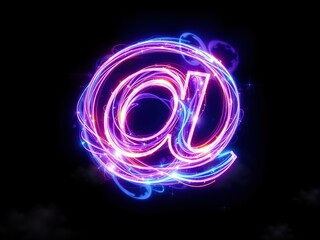 A three-dimensional, transparent "@" symbol with a glossy, rainbow-colored sheen. A dark, black background.