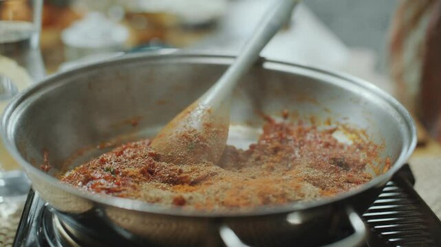Hand of man using spoon to add aromatic Indian spices to steaming tomato sauce in pan, cooking traditional dish in kitchen. Close-up shot