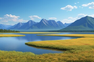 Fototapeta premium mountains and a lake in a grassy area with a blue sky