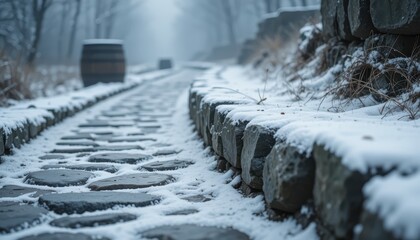 Snow covered cobblestone path in a winter park beside a stone wall A tranquil winter scene