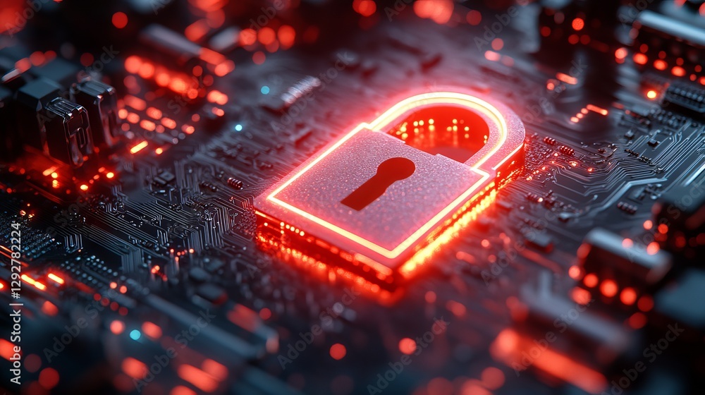 Poster futuristic neon padlock on electronic circuit background – cybersecurity concept for personal data p