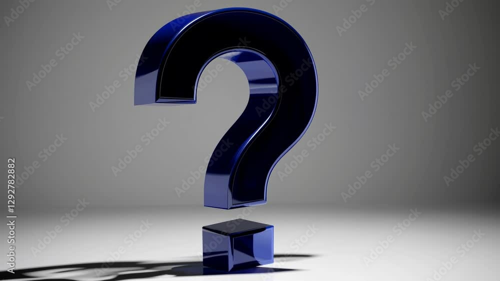 Poster a 3d-rendered blue question mark stands on a reflective surface. low-angle shot highlights its shado