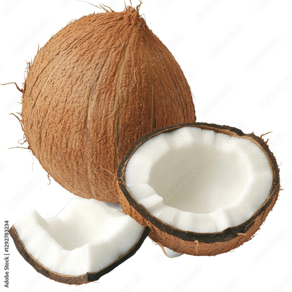 Poster a fresh coconut displaying its hard and natural fibers on a light background evoking tropical vibes 
