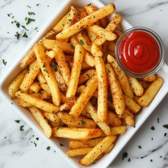 Crispy French Fries with Ketchup on a White Tray