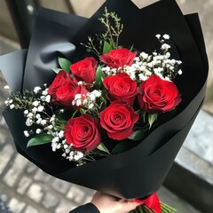 Elegant Bouquet of Red Roses Wrapped in Black Paper