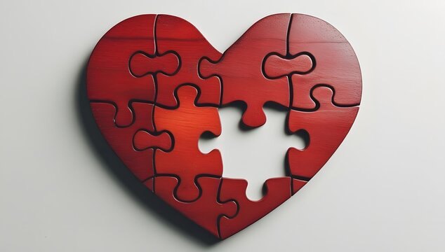A red heart-shaped puzzle with one missing piece, representing incompleteness, love, loss
