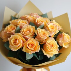 A beautifully arranged bouquet of yellow roses wrapped in golden paper, perfect for gifts, weddings, and celebrations.