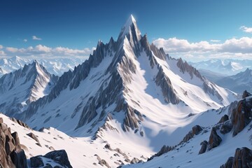 mountains covered in snow and snow with a blue sky in the background