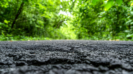 Asphalt path through lush green forest