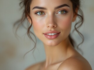 Fototapeta premium A young woman with flawless skin, her complexion glowing with a natural radiance, and delicate facial features that accentuate her unique charm.