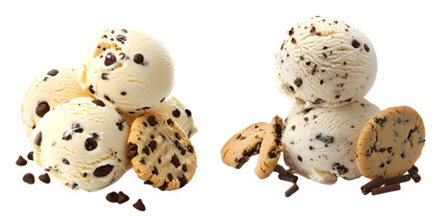 Chocolate Chip Cookie Ice Cream Scoops Isolated on White Background, Cut Out, PNG Transparent
