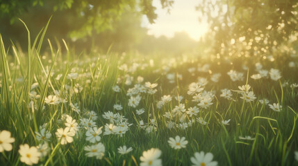 Fototapeta premium A serene meadow filled with tall, lush grasses, with a single patch of delicate white daisies standing prominently in the foreground