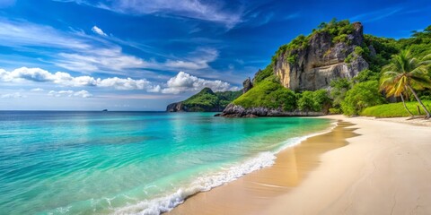 Obraz premium Serene Tropical Beach with Clear Water and Lush Greenery Landscape