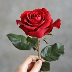 Single Red Rose Held by a Hand Against a Neutral Background