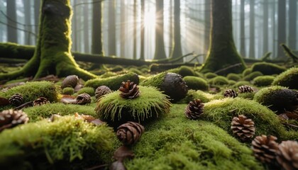 Sunlit Forest Floor Moss Pine Cones Nature Scene Tranquil Woodland