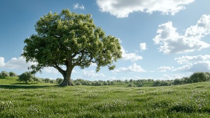 Fototapeta premium Lone tree stands majestically in a vast green meadow under a bright blue sky with fluffy clouds drifting by.