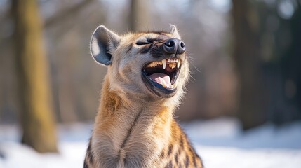 Obraz premium A close-up of a hyena laughing in a snowy environment.