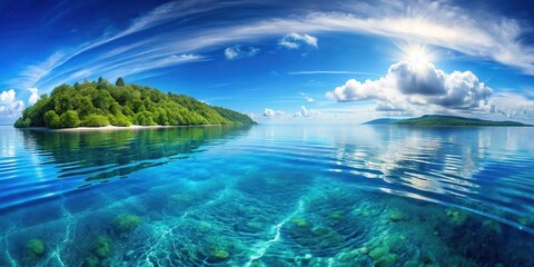 A serene and crystal-clear blue water layer covers the entire surface of a serene and peaceful Earth with lush green forests and vast oceans on the horizon , Ocean Horizon, Blue Water Layer