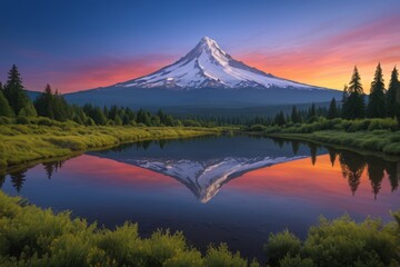 arafed mountain with a reflection in a lake at sunset