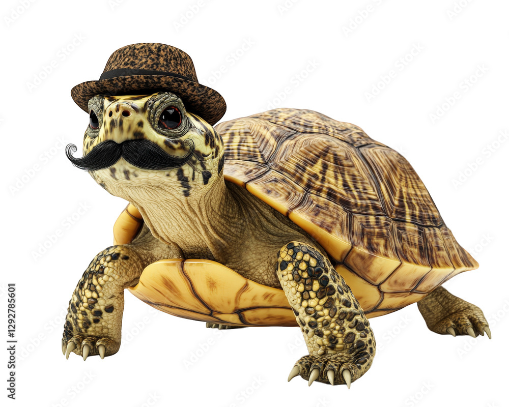 Poster turtle with funny mustache and hat, posing like detective, exudes whimsical charm. this unique chara