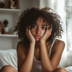 A young woman sitting in bed feeling sad.