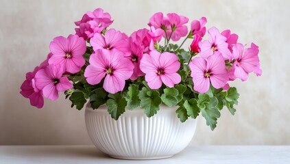 Pink geraniums in white pot on light background