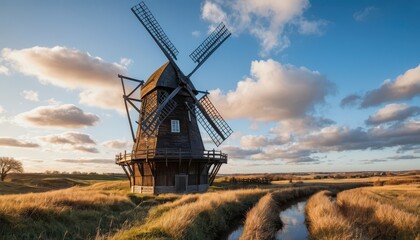 Picturesque Wooden Windmill in a Rural Landscape at Sunset Golden Hour