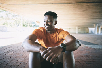 Outdoor, black man and thinking with break for fitness, burnout or tired from exercise challenge....