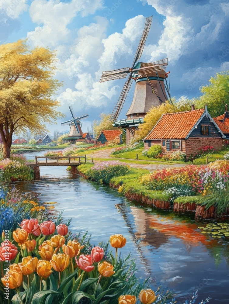 Poster charming countryside with windmills and vibrant tulip fields under a blue sky. generative ai