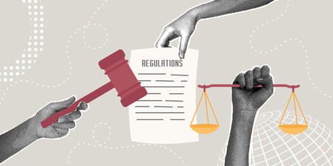 Trendy halftone collage. Legislation concept, regulations, rules, law, authority, legal document, verdict. Hands holding a gavel with scales and regulation document