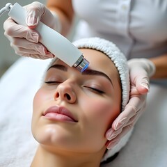 Close-up of a cosmetologist using a dermapen for mesotherapy treatment on a woman's face, promoting skin rejuvenation and beauty care in a spa setting.
