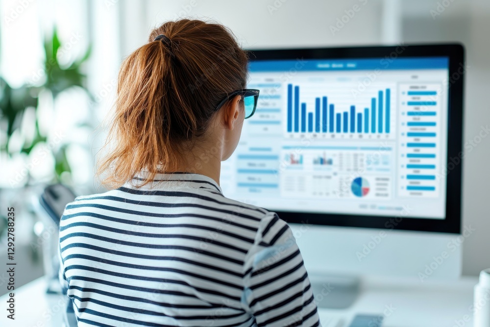 Poster analyzing business data on computer screen office workspace digital analytics modern environment use