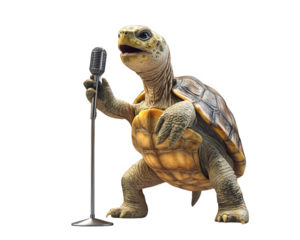turtle with microphone pretending to sing, showcasing humorous and whimsical scene. This playful image captures essence of fun and creativity