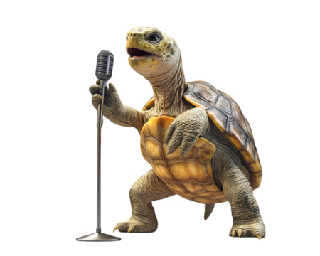 turtle with microphone pretending to sing, showcasing humorous and whimsical scene. This playful image captures essence of fun and creativity