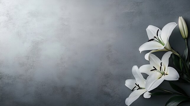 Grey Background with White Lilies A Minimalist Composition, Funeral, Sympathy Keywords Lily, Grief