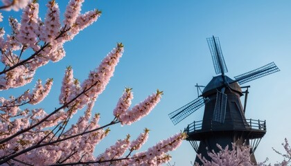 Springtime Beauty Pink Cherry Blossoms Frame Wooden Windmill Scenic View