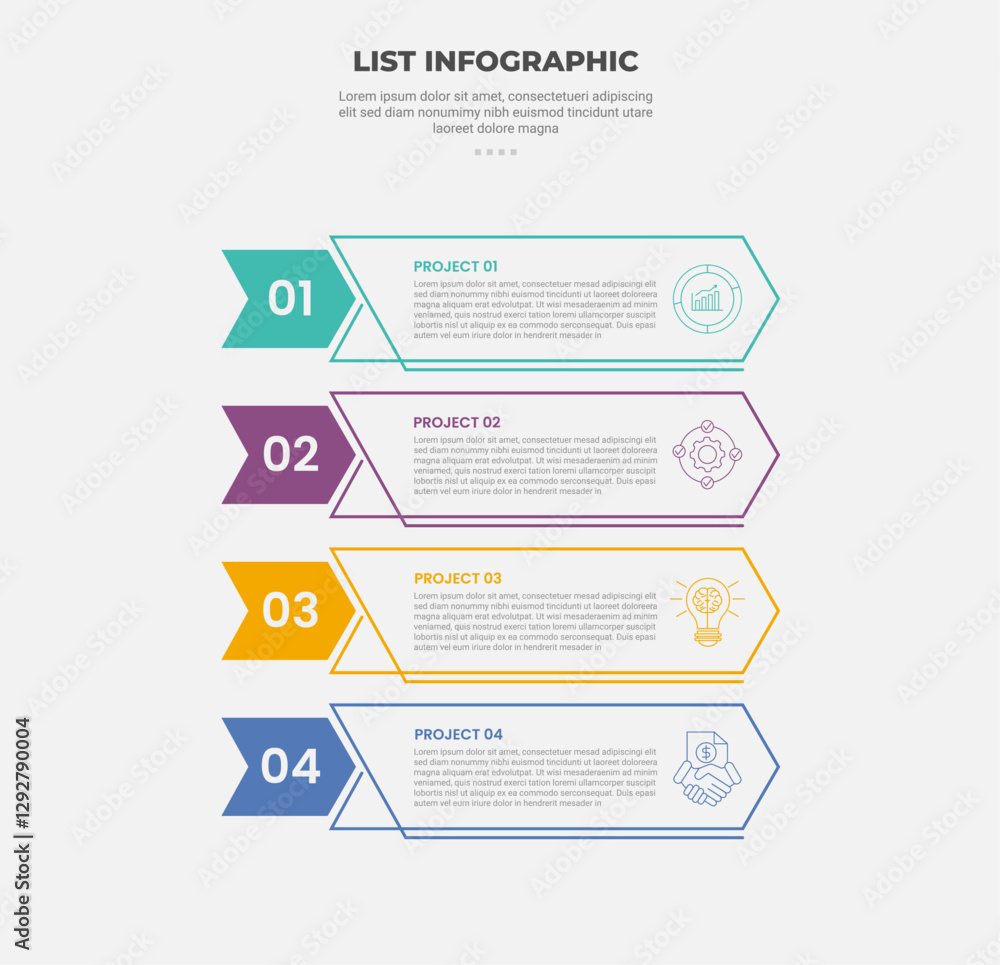 Aufkleber list vertical stacked process infographic outline style with 4 point template with arrow box contain
