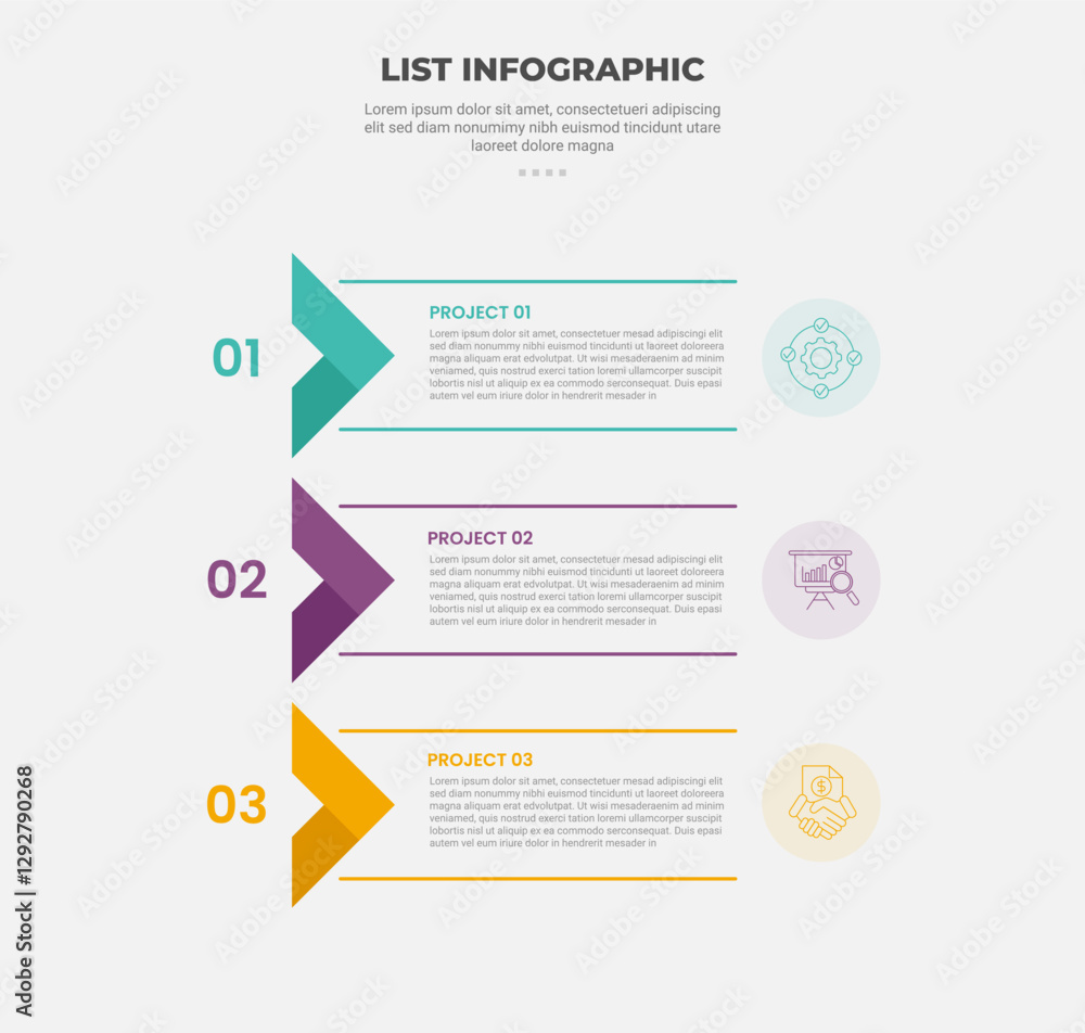 Aufkleber list vertical stacked process infographic outline style with 3 point template with arrow ribbon flip