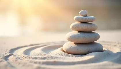 Photo sur Plexiglas Tranquil arrangement of zen stones on sand with delicate lines, symbolizing purity, harmony, and balance, perfect for spa and wellness themes. 