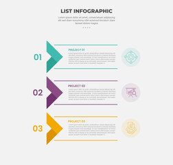 list vertical stacked process infographic outline style with 3 point template with arrow ribbon flipped right direction for slide presentation